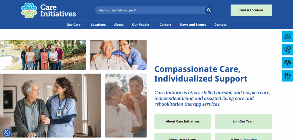 A screenshot of the Care Initiatives home page, focused on a section that emphasizes passionate care and support.