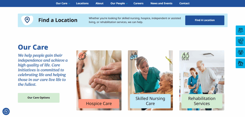 A screenshot of the Care Initiatives website's home page, focused on a section that talks about their Care Services.